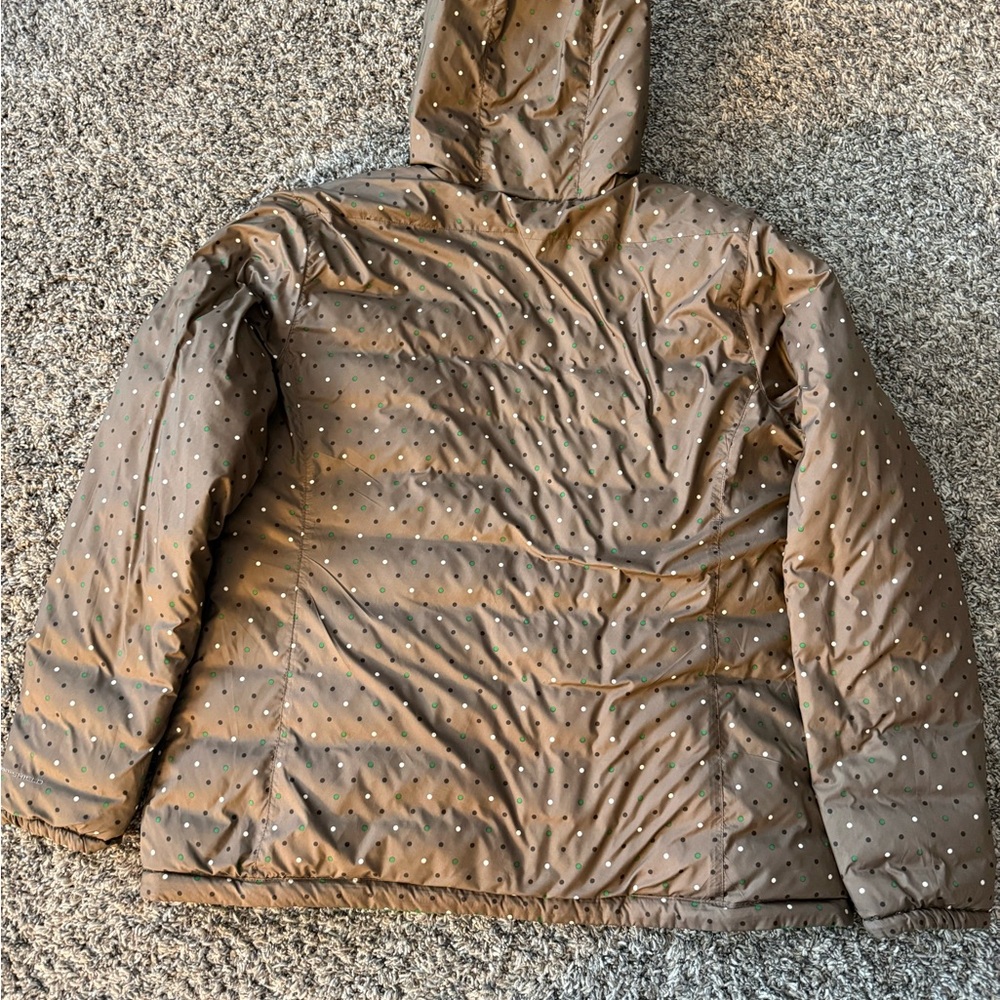 Columbia Quilted Hooded Jacket Bright Green reversible brownish polka dots. - Picture 4 of 7